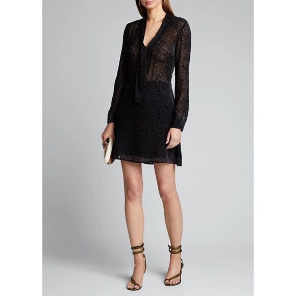 L'AGENCE Alesia Flocked Tie Neck Dress in Navy - Picture 1 of 12